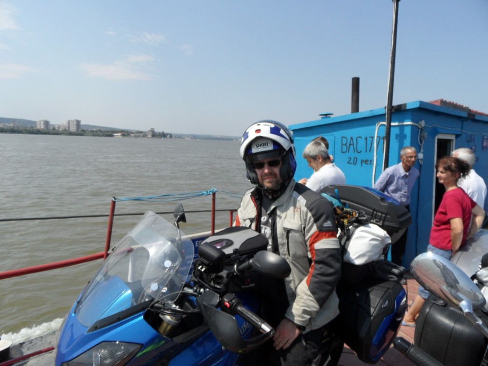 motorbike on ferry over Danube